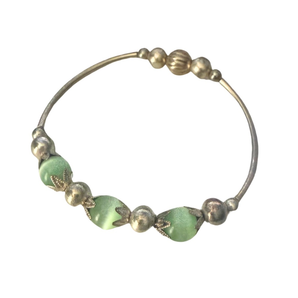 Handmade Light Green Beaded Silver Bracelet